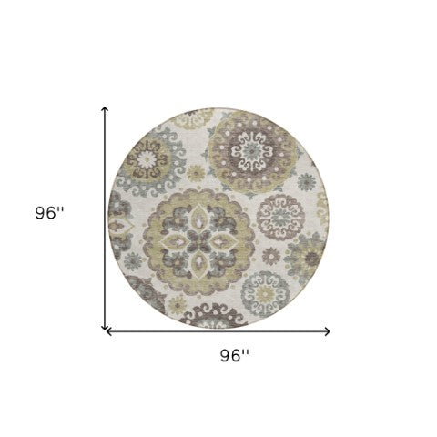 Homeroots 3' Beige Taupe And Brown Floral Medallion Rug - Washable Indoor Outdoor Area For Versatile Spaces 8' Round Polyester 585684