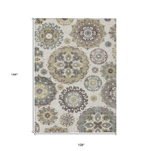 Homeroots 3' Beige Taupe And Brown Floral Medallion Rug - Washable Indoor Outdoor Area For Versatile Spaces 9' X 12' Polyester 585686