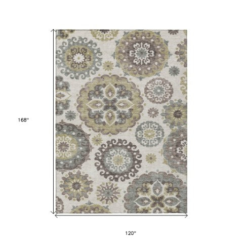 Homeroots 3' Beige Taupe And Brown Floral Medallion Rug - Washable Indoor Outdoor Area For Versatile Spaces 10' X 14' Polyester 585687