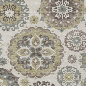 Homeroots 3' Beige Taupe And Brown Floral Medallion Rug - Washable Indoor Outdoor Area For Versatile Spaces 10' X 14' Polyester 585687