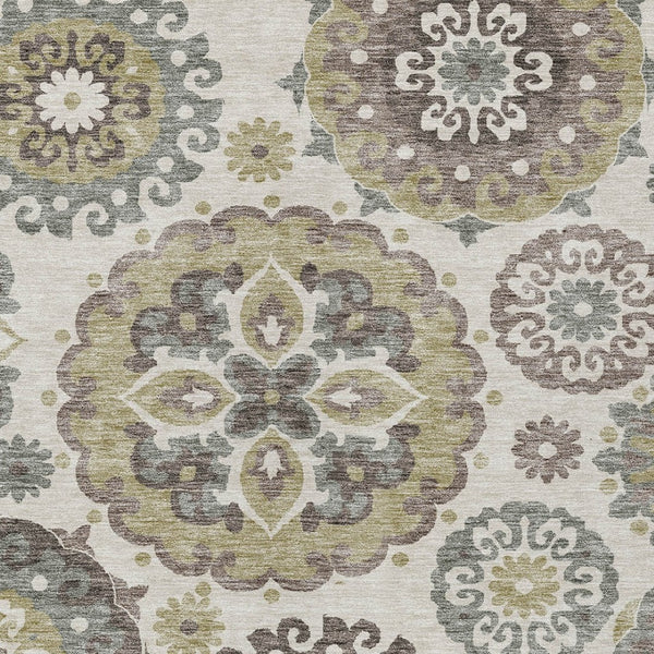 Homeroots 3' Beige Taupe And Brown Floral Medallion Rug - Washable Indoor Outdoor Area For Versatile Spaces 10' X 14' Polyester 585687