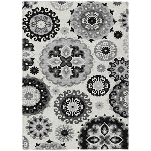 HomeRoots 5' Elegant Black Gray Silver Floral Medallion Indoor Outdoor Area Rug – Stain Resistant & Washable 8' X 10' 585691