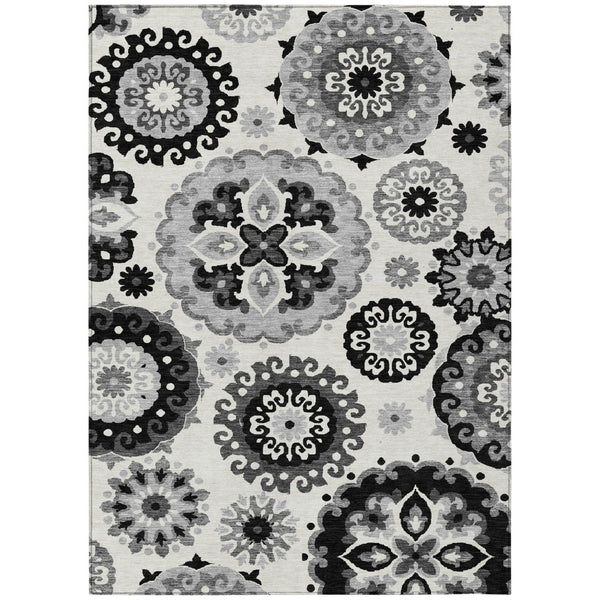 HomeRoots 5' Elegant Black Gray Silver Floral Medallion Indoor Outdoor Area Rug – Stain Resistant & Washable 10' X 14' 585693