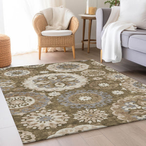 Homeroots 3' Beige Taupe And Brown Floral Medallion Rug - Washable Indoor Outdoor Area For Versatile Spaces 3' X 5' Polyester 585694