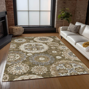 Homeroots 3' Beige Taupe And Brown Floral Medallion Rug - Washable Indoor Outdoor Area For Versatile Spaces 3' X 5' Polyester 585694