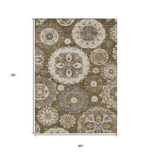 HomeRoots 5' Floral Medallion Area Rug in Brown, Ivory & Beige – Durable, Washable, Indoor & Outdoor Use 5' X 8' 585695
