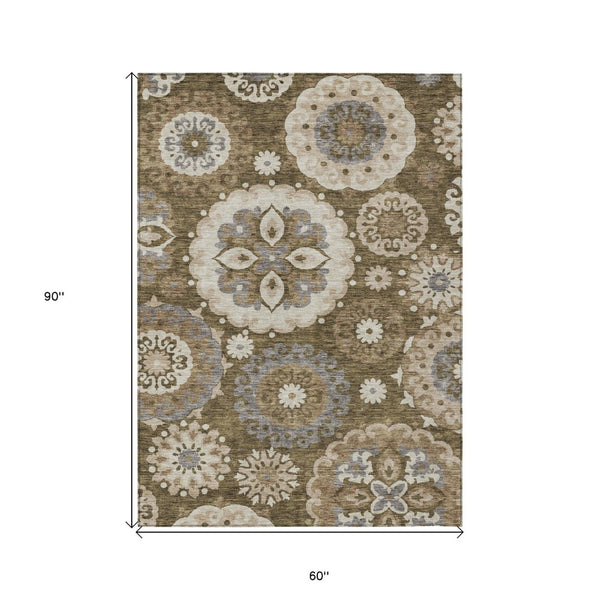 HomeRoots 5' Floral Medallion Area Rug in Brown, Ivory & Beige – Durable, Washable, Indoor & Outdoor Use 5' X 8' 585695