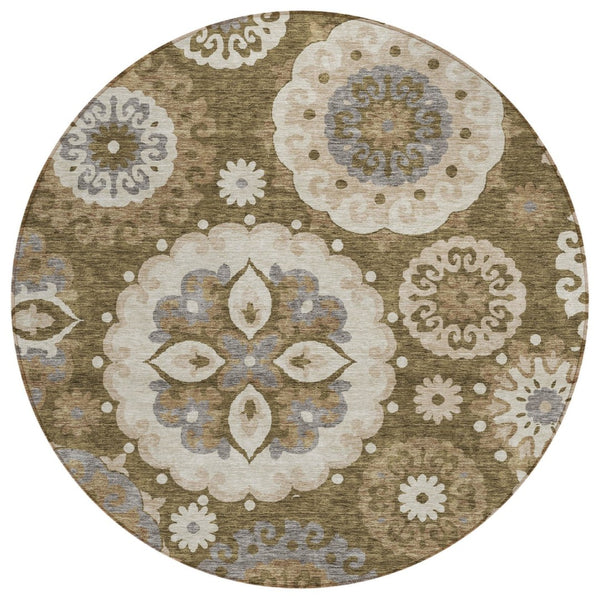 HomeRoots 5' Floral Medallion Area Rug in Brown, Ivory & Beige – Durable, Washable, Indoor & Outdoor Use 8' Round 585696