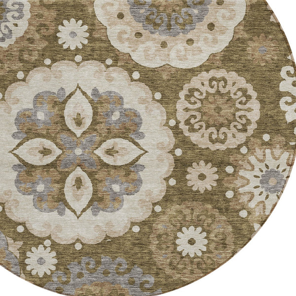 Homeroots 3' Beige Taupe And Brown Floral Medallion Rug - Washable Indoor Outdoor Area For Versatile Spaces 8' Round Polyester 585696