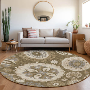 Homeroots 3' Beige Taupe And Brown Floral Medallion Rug - Washable Indoor Outdoor Area For Versatile Spaces 8' Round Polyester 585696