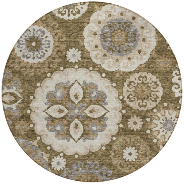 Homeroots 3' Beige Taupe And Brown Floral Medallion Rug - Washable Indoor Outdoor Area For Versatile Spaces 8' Round Polyester 585696