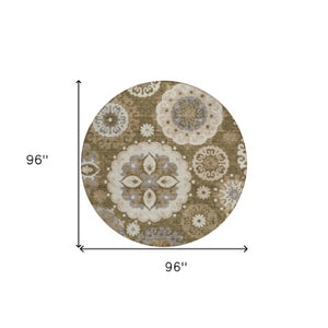 Homeroots 3' Beige Taupe And Brown Floral Medallion Rug - Washable Indoor Outdoor Area For Versatile Spaces 8' Round Polyester 585696