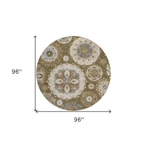Homeroots 3' Beige Taupe And Brown Floral Medallion Rug - Washable Indoor Outdoor Area For Versatile Spaces 8' Round Polyester 585696