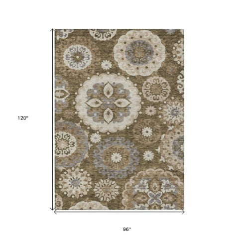 Homeroots 3' Beige Taupe And Brown Floral Medallion Rug - Washable Indoor Outdoor Area For Versatile Spaces 8' X 10' Polyester 585697