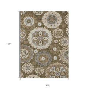 Homeroots 3' Beige Taupe And Brown Floral Medallion Rug - Washable Indoor Outdoor Area For Versatile Spaces 9' X 12' Polyester 585698