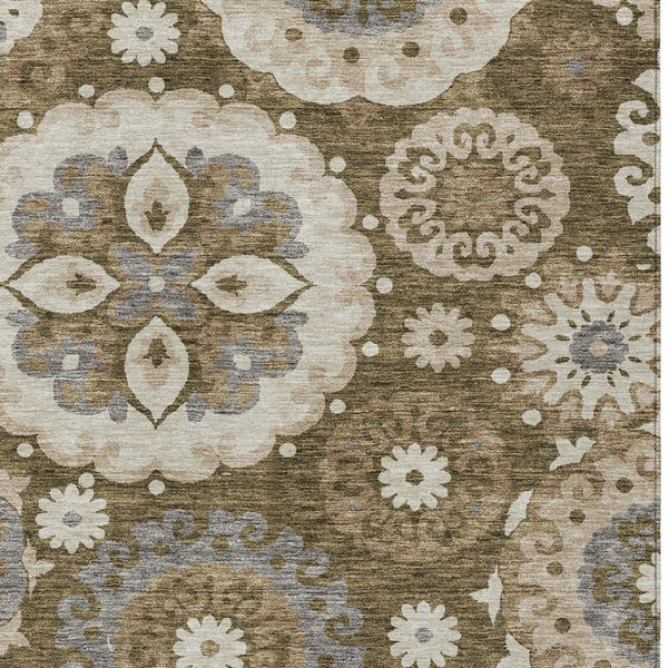 Homeroots 3' Beige Taupe And Brown Floral Medallion Rug - Washable Indoor Outdoor Area For Versatile Spaces 9' X 12' Polyester 585698