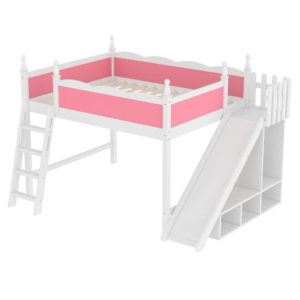 English Elm Queen Solid Pine Loft Bed with Wardrobe Shelves Detachable Slide and Dual Sleeping Zones Pink,White W5305S00026