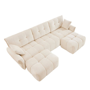 English Elm 3 Seater Chenille Sofa with Ottoman Tufted Arms Solid Wood Frame Lounge Couch White W714S01654