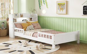 English Elm Twin Pine Wood Bed with Bookcase Headboard LED Motion Sensor Light Guardrails Ample Storage Space White W504P277596