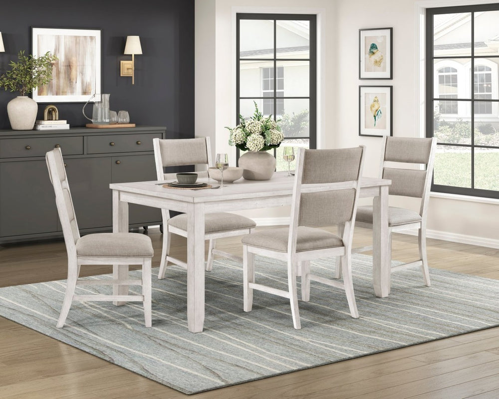 English Elm Modern Farmhouse 5 Piece Dining Set Acacia Wood Antique White Four Upholstered Chairs B011S02061