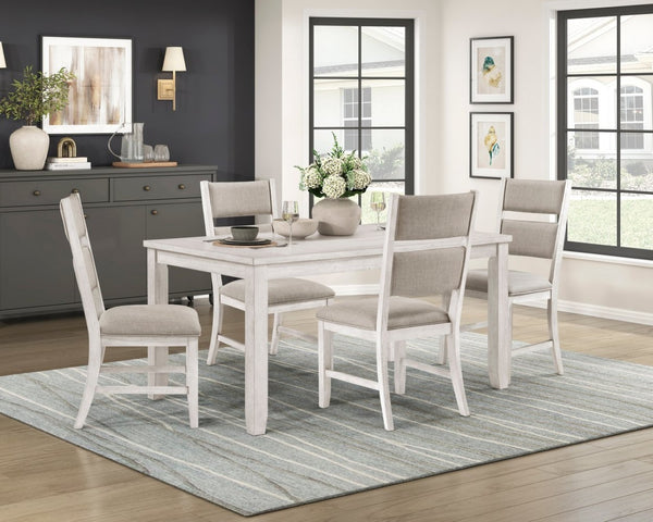 English Elm Modern Farmhouse 5 Piece Dining Set Acacia Wood Antique White Four Upholstered Chairs B011S02061