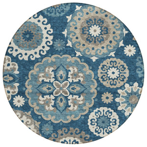 HomeRoots 5' Floral Medallion Area Rug - Navy Blue & Taupe, Washable, Stain-Resistant for Indoor/Outdoor Use 8' Round 585702