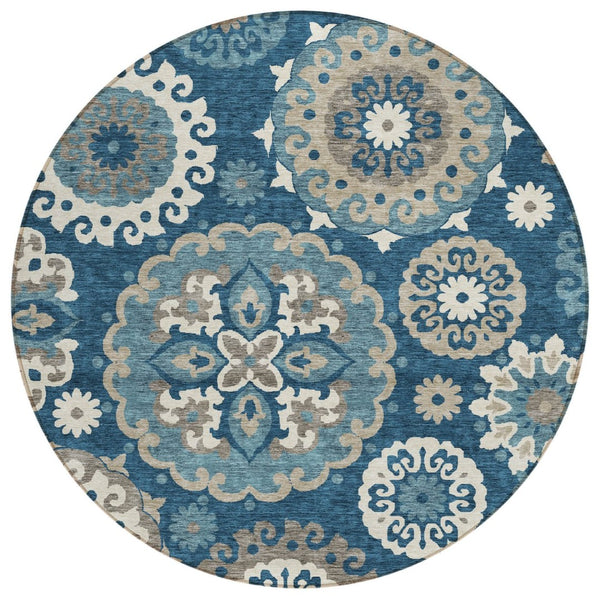 HomeRoots 5' Floral Medallion Area Rug - Navy Blue & Taupe, Washable, Stain-Resistant for Indoor/Outdoor Use 8' Round 585702