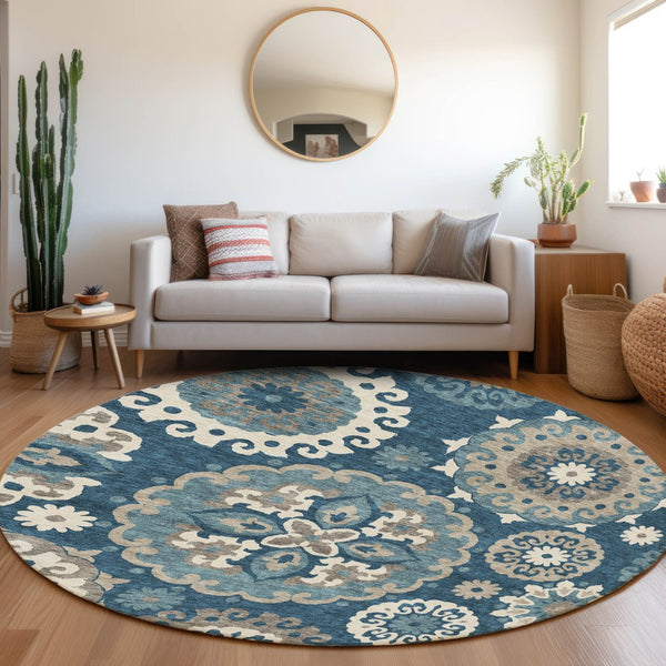 Homeroots 3' Beige Taupe And Brown Floral Medallion Rug - Washable Indoor Outdoor Area For Versatile Spaces 8' Round Polyester 585702