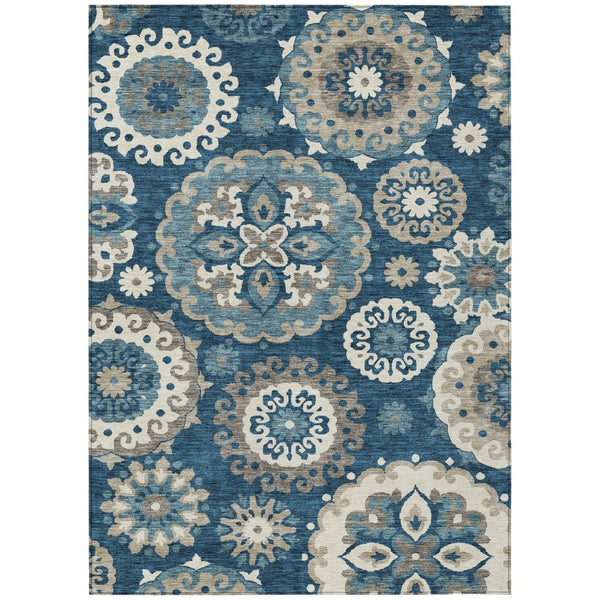 HomeRoots 5' Floral Medallion Area Rug - Navy Blue & Taupe, Washable, Stain-Resistant for Indoor/Outdoor Use 8' X 10' 585703