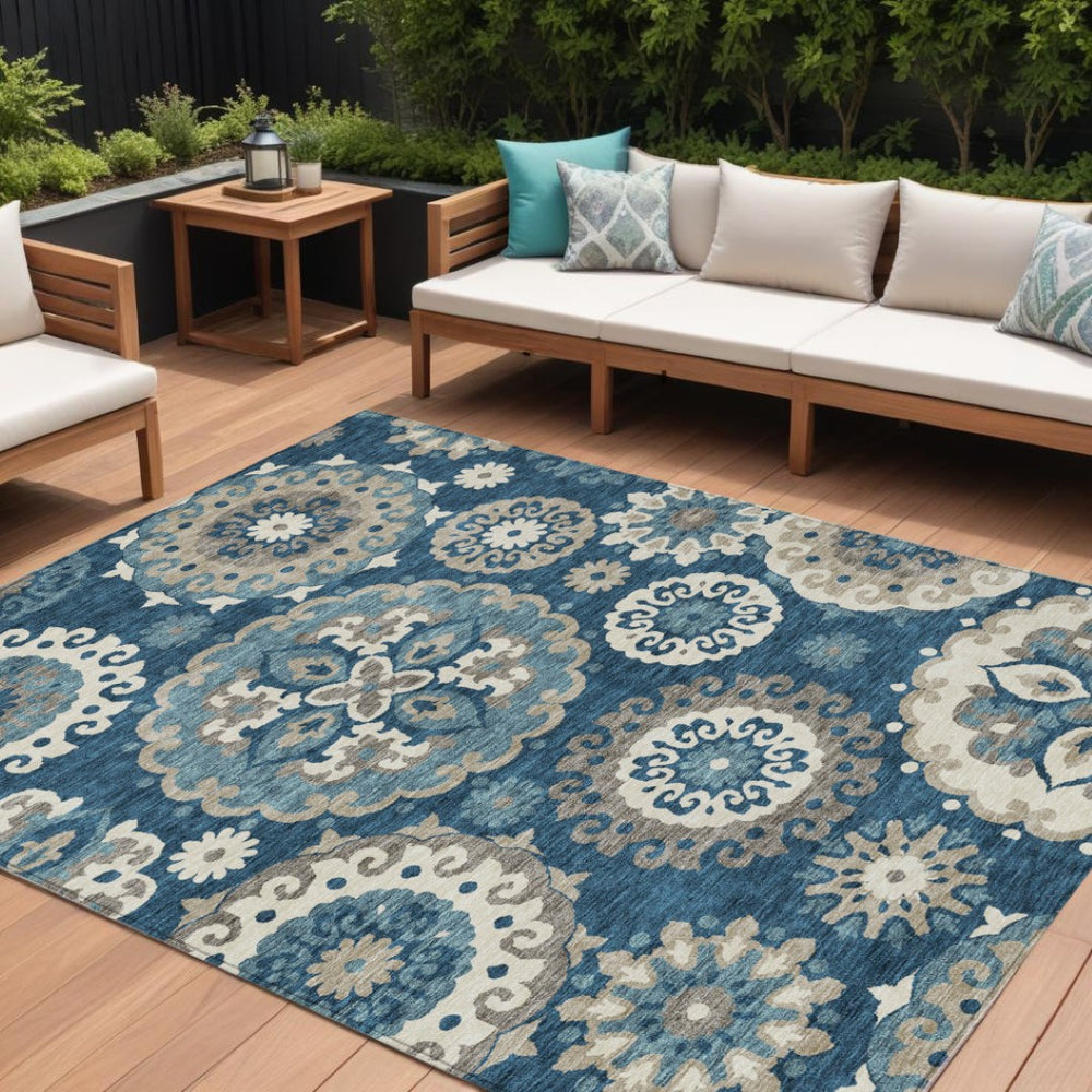 HomeRoots 9' Navy Blue and Taupe Floral Medallion Area Rug – Durable, Washable, Indoor/Outdoor Elegance 9' X 12' 585704