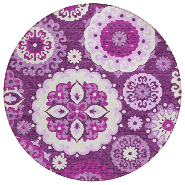 HomeRoots 5' Elegant Eggplant and Mauve Floral Medallion Area Rug for Indoor and Outdoor Spaces, Washable 8' Round 585708