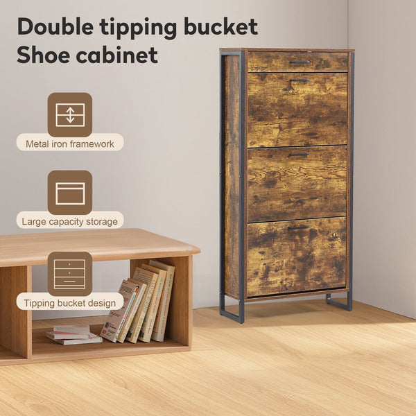 English Elm Shoe Cabinet Slim 3-Flip Drawers with Top Drawer and Metal Handles, Rustic Brown Entryway Organizer W2948P245242