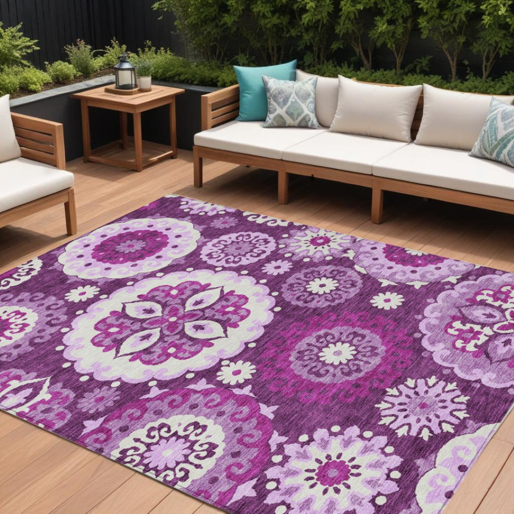 HomeRoots 9' Elegant Eggplant and Mauve Floral Medallion Rug - Durable, Washable for Indoor and Outdoor Use 9' X 12' 585710