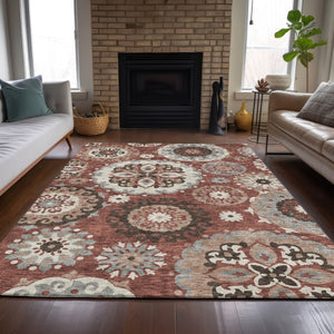 Homeroots 3' Beige Taupe And Brown Floral Medallion Rug - Washable Indoor Outdoor Area For Versatile Spaces 3' X 5' Polyester 585712