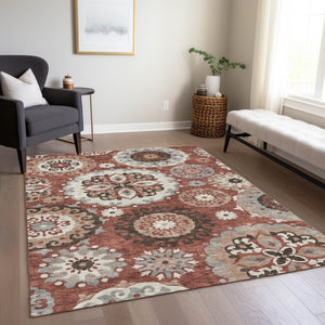 Homeroots 3' Beige Taupe And Brown Floral Medallion Rug - Washable Indoor Outdoor Area For Versatile Spaces 3' X 5' Polyester 585712