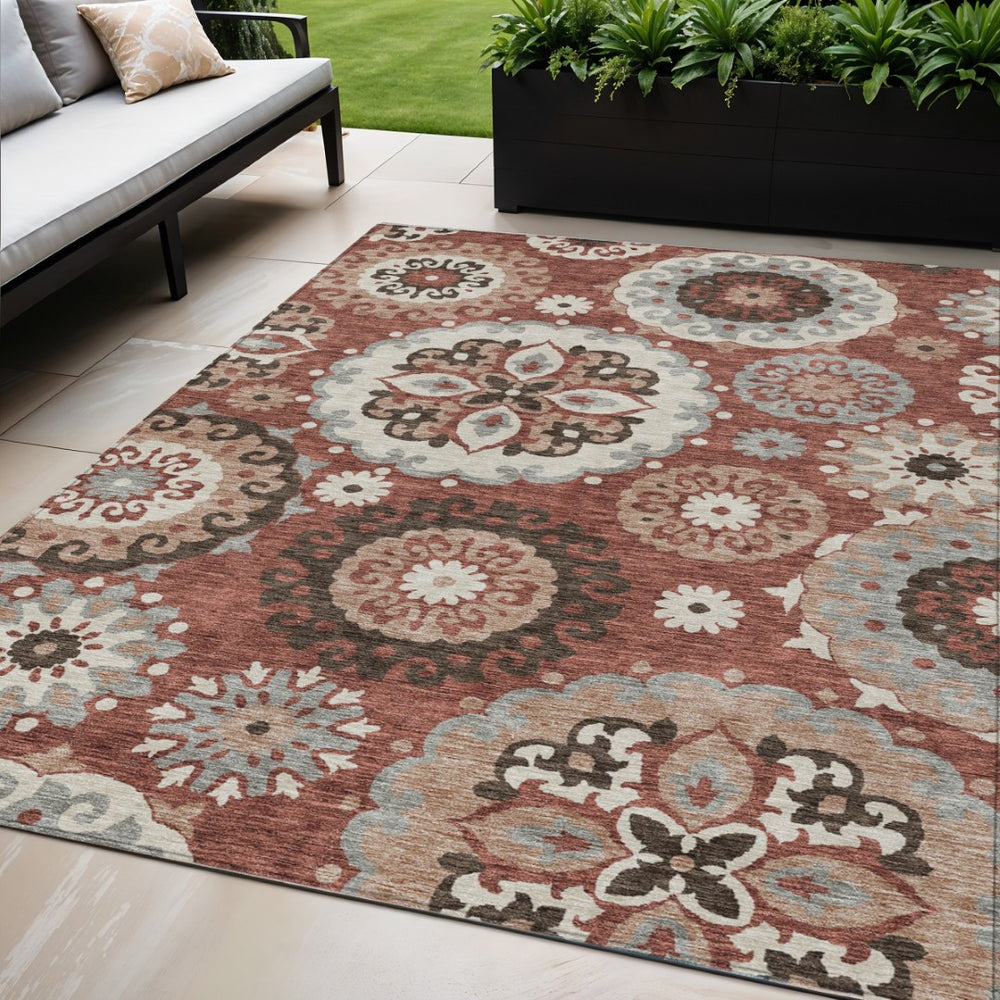 HomeRoots 5' Floral Medallion Area Rug in Warm Orange, Taupe, and Gray – Durable, Washable for Indoor/Outdoor Use 5' X 8' 585713