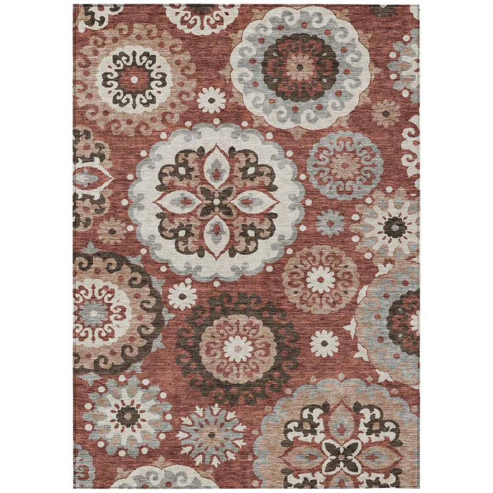 HomeRoots 5' Floral Medallion Area Rug in Warm Orange, Taupe, and Gray – Durable, Washable for Indoor/Outdoor Use 5' X 8' 585713