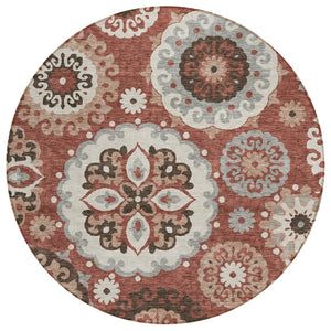 HomeRoots 5' Floral Medallion Area Rug in Warm Orange, Taupe, and Gray – Durable, Washable for Indoor/Outdoor Use 8' Round 585714