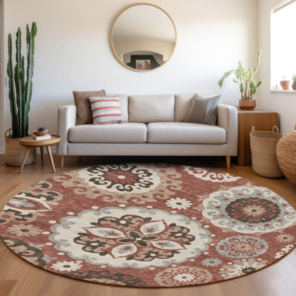Homeroots 3' Beige Taupe And Brown Floral Medallion Rug - Washable Indoor Outdoor Area For Versatile Spaces 8' Round Polyester 585714