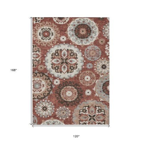 Homeroots 3' Beige Taupe And Brown Floral Medallion Rug - Washable Indoor Outdoor Area For Versatile Spaces 10' X 14' Polyester 585717
