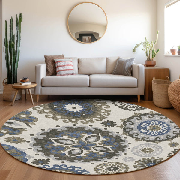 Homeroots 3' Beige Taupe And Brown Floral Medallion Rug - Washable Indoor Outdoor Area For Versatile Spaces 8' Round Polyester 585720