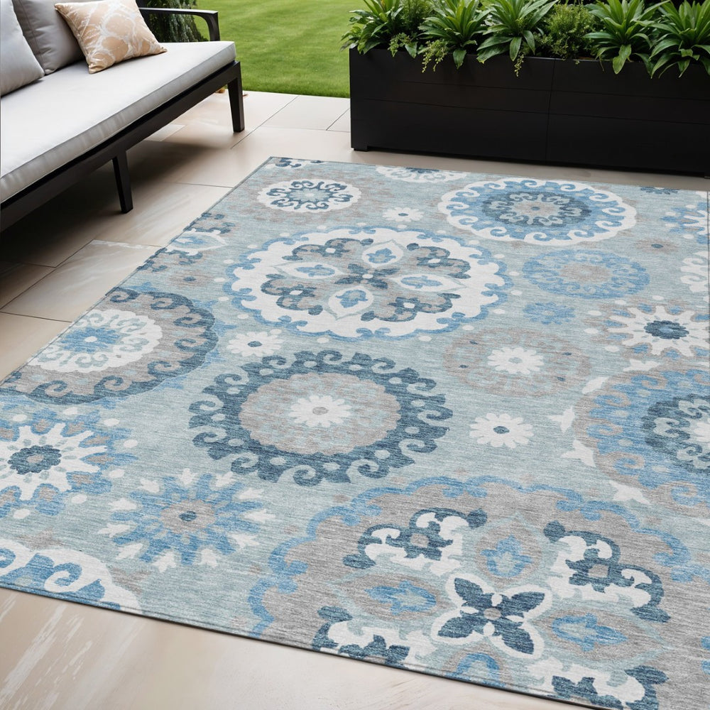 HomeRoots 5' Sky Blue and Denim Blue Floral Medallion Rug - Durable, Washable, Perfect for Indoor and Outdoor Use 5' X 8' 585725