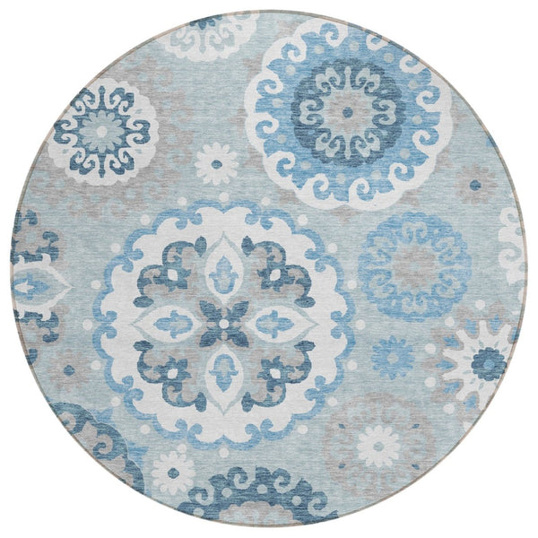 HomeRoots 5' Sky Blue and Denim Blue Floral Medallion Rug - Durable, Washable, Perfect for Indoor and Outdoor Use 8' Round 585726