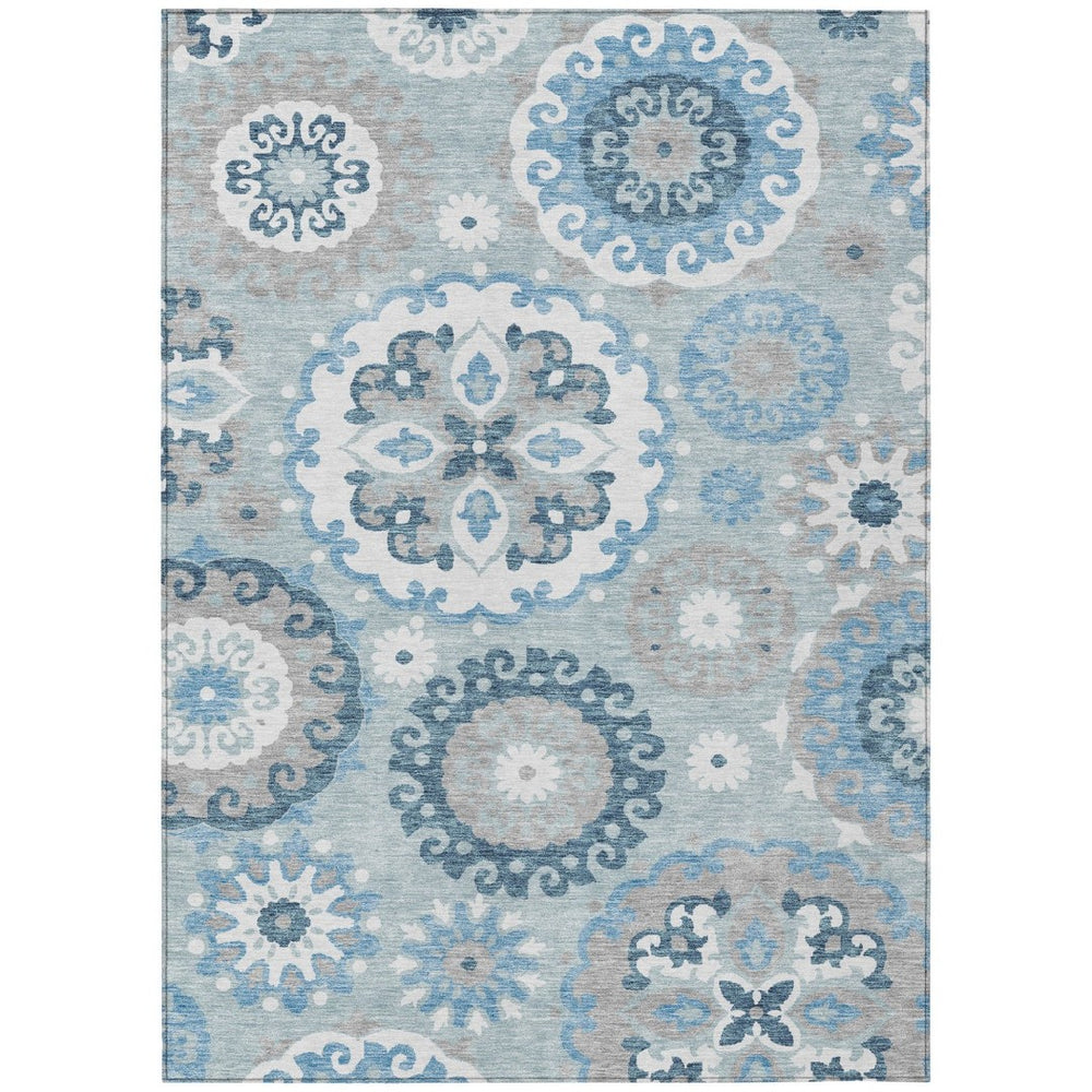 HomeRoots 9' Floral Medallion Area Rug in Sky Blue & Denim - Washable, Stain-Resistant for Indoor & Outdoor Use 9' X 12' 585728