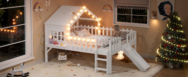 English Elm Twin Playhouse Loft Bed Solid Pine Frame with Slide Led Lights and Star Roof White W5316S00004