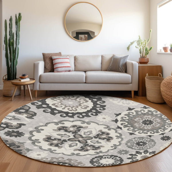 Homeroots 3' Beige Taupe And Brown Floral Medallion Rug - Washable Indoor Outdoor Area For Versatile Spaces 8' Round Polyester 585732