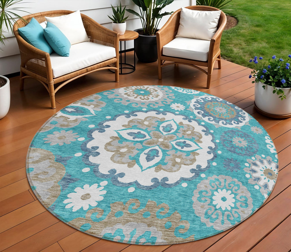 Homeroots 3' Beige Taupe And Brown Floral Medallion Rug - Washable Indoor Outdoor Area For Versatile Spaces 8' Round Polyester 585738