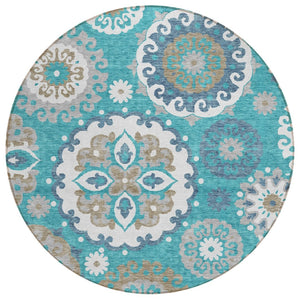 HomeRoots 5' Vibrant Floral Medallion Area Rug in Teal, Taupe, and Gray - Washable for Indoor/Outdoor Use 8' Round 585738