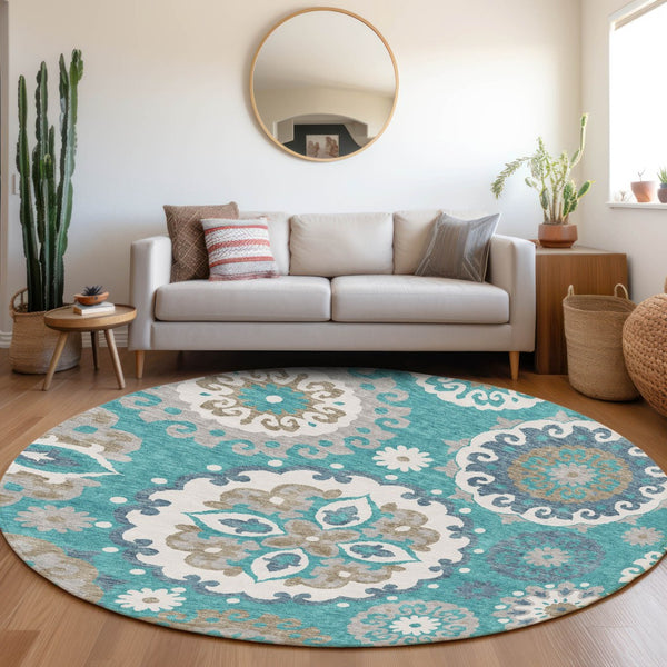 Homeroots 3' Beige Taupe And Brown Floral Medallion Rug - Washable Indoor Outdoor Area For Versatile Spaces 8' Round Polyester 585738