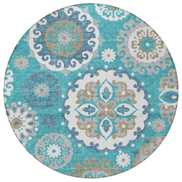 Homeroots 3' Beige Taupe And Brown Floral Medallion Rug - Washable Indoor Outdoor Area For Versatile Spaces 8' Round Polyester 585738